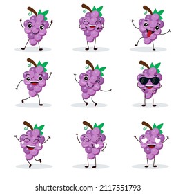 Cute happy grape character. Funny fruit emoticon in flat style. eps 10