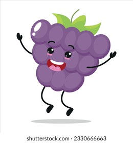 Cute happy grape character. Funny jump grape cartoon emoticon in flat style. Fruit emoji vector illustration