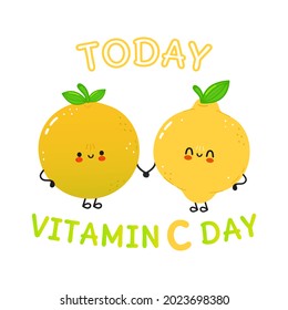 Cute happy grapefruit and lemon. Vector hand drawn doodle style cartoon character illustration icon design. Сard whith cute happy grapefruit and lemon. Friends concept