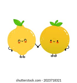 Cute happy grapefruit and lemon. Vector hand drawn doodle style cartoon character illustration icon design. Сard whith cute happy grapefruit and lemon. Friends concept
