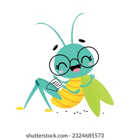 Un saltamontes alegre lindo con gafas. Graciosa ilustración vectorial del personaje de la caricatura de insectos inteligentes