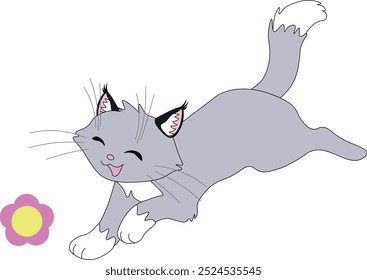 cute happy gray cat with white paws runs with eyes closed, stock vector