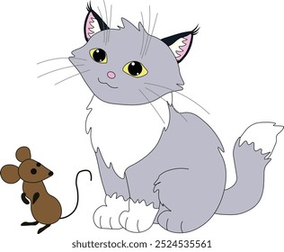 cute happy gray cat with white paws sits next to brown mouse, stock vector