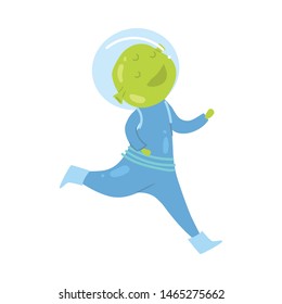 Cute and happy green alien in blue spacesuit running