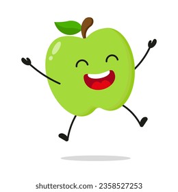 Cute happy green apple character. Funny victory jump celebration fruit cartoon emoticon in flat style. apple emoji vector illustration