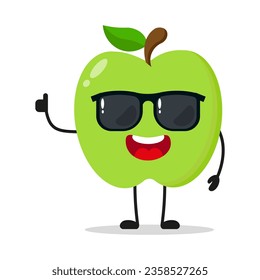 Cute happy green apple character wear sunglasses. Funny fruit greet friend cartoon emoticon in flat style. apple emoji vector illustration