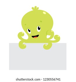 Cute happy green baby octopus with blank card template cartoon flat style vector illustration