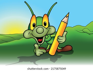 Cute Happy Green Beetle with Yellow Crayon in his Hand - Colored Cartoon Illustration with Background, Vector