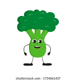 Cute happy green broccoli characters. Vector flat illustration isolated on white background. Doodle character cartoon green broccoli. Vegan vector icon. Vegetarian food.