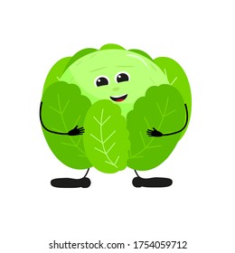 Cute happy green cabbage characters. Vector flat illustration isolated on white background. Doodle character cartoon green cabbage. Vegan vector icon. Vegetarian food.
