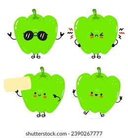 Cute happy Green pepper characters bundle set. Vector hand drawn doodle style cartoon character illustration icon design. Cute Green pepper mascot character collection