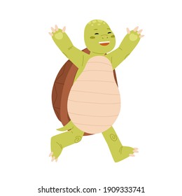 Cute And Happy Green Turtle Running With Paws Raised Up. Funny Tortoise Character Winning Race. Joyful Animal Mascot. Childish Colored Flat Vector Illustration Isolated On White Background