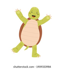 Cute and happy green turtle smiling and laughing with paws raised up. Funny and glad tortoise character. Joyful animal mascot. Childish colored flat vector illustration isolated on white background
