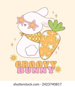 Cute Happy Groovy Easter bunny with disco retro carrot Playful cartoon doodle animal hand drawing.