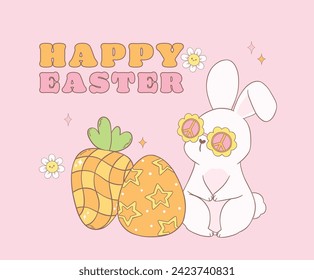 Cute Happy Groovy Ostersonne mit Disco Karotten und Retro Osterei. Spielerische Cartoon doodle Tierhandzeichnung.
