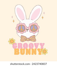 Cute Happy Groovy Easter bunny face, Playful cartoon doodle animal hand drawing.