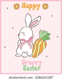 Cute Happy Groovy Easter bunny with retro disco egg Playful cartoon doodle animal hand drawing.