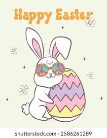 Cute Happy Groovy Easter bunny with retro egg Playful cartoon doodle animal hand drawing.