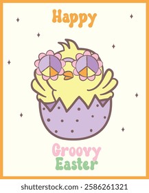 Cute Happy Groovy Easter bunny with retro disco egg Playful cartoon doodle animal hand drawing.