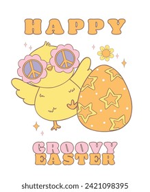 Cute Happy Groovy Easter Chick with Retro Easter egg. Playful cartoon doodle animal character hand drawing.