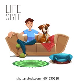 Cute happy guy and dog sitting on sofa isolated on white background. Vector illustration.