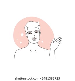 Cute happy guy with glamorous face makeup waving hand line icon vector illustration