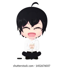 Cute happy guy with hot coffee with steam. Morning coffee at work. Contented worker with a coffee cup  on a break sitting on the floor. Character vector illustration.