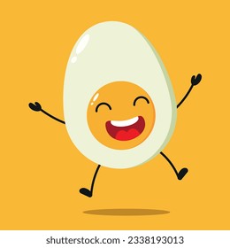 Cute happy half boiled egg character. Funny jump celebration egg cartoon emoticon in flat style. food emoji vector illustration