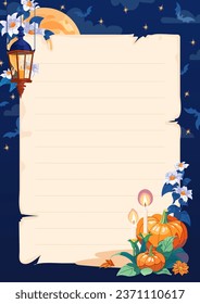 Cute Happy Halloween A4 template for notes or To Do List, with colorful pumpkins, flowers, lantern and candles on a dark blue background. Spooky mysterious Memo list Vector illustration, flat style