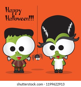 Cute Happy Halloween Background, Vector Illustration, Frankestein and Bride cartoon with big Googly Eyes