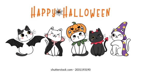 cute Happy Halloween banner funny kitten cat costume cartoon flat vector illustration 