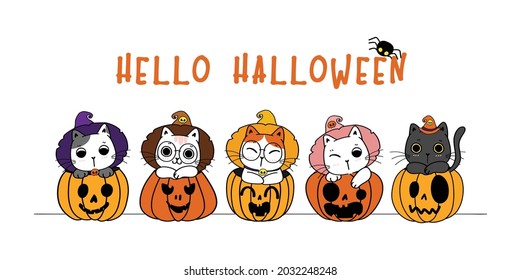 lindo banner Happy Halloween divertido disfraz de gatito gatito en caricatura de calabaza ilustración plana vectorial 