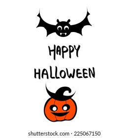 Cute Happy Halloween card with dracula bat and pumpkin in witch hat. Vector illustration. Silhouette. Hand written greeting text. On white.