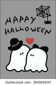 Cute Happy Halloween Card with cute ghosts couple. A guy wears black hat and a woman wears black ribbon bow and a small spider web at the corner.