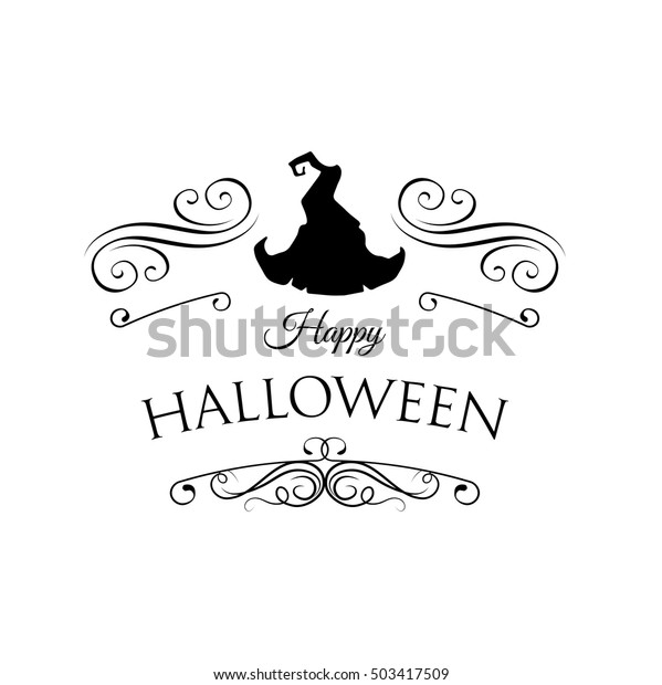 Cute Happy Halloween card with hat\
witch with bat. Vector illustration. Silhouette. Hand written\
greeting text. On white. Filigree frame and divider\
scroll