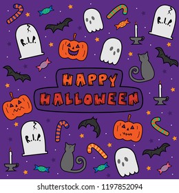 Cute Happy Halloween cartoon doodle kid background wallpaper vector eps10