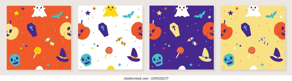 Cute Happy Halloween cartoon seamless pattern vector violet background ghost, skull, pumpkin, jack o lantern, bat, black cat, spider web, candlestick, lollipop candy, coffin, witch hat, boo, moon set