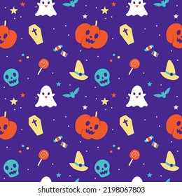 Cute Happy Halloween cartoon seamless pattern vector violet background ghost, skull, pumpkin, jack o lantern, bat, black cat, spider web, candlestick, lollipop candy, coffin, witch hat, boo, moon 