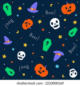 Cute Happy Halloween cartoon seamless pattern vector violet background ghost, skull, pumpkin, jack o lantern, bat, black cat, spider web, candlestick, lollipop candy, coffin, witch hat, boo, moon 