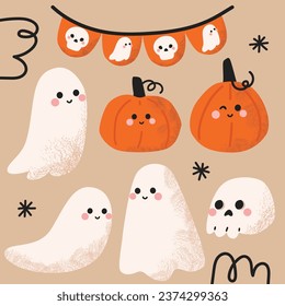 Cute Happy Halloween Celebration Spooky Pumpkin and Ghost Vector Illustration with Doodle