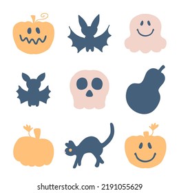 Cute happy halloween characters, spooky clipart collection. Perfect for T-shirt, stickers, poster, card. Hand drawn isolated vector illustration for decor and design.
