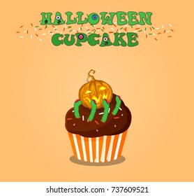 Cute happy halloween chocolate cupcake with pumpkin jack and scary green fingers with claws on orange background. Vector illustration, clip art.