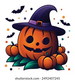 Cute Happy Halloween Clipart or badge. Flying bat with pumpkin wearing Witch hat illustration