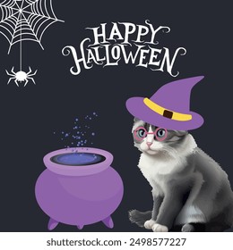 Cute Happy Halloween collage with a  cat wearing a witch hat and glasses, a purple cauldron. Trendy halftone collage for festive party invitation, social media banner, greeting card, and decoration