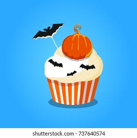Cute happy halloween cupcake with pumpkin and bats isolated on blue background. Vector illustration, icon, clip art.
