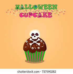 Cute happy halloween cupcake with skull and cross bones on orange background. Vector illustration, clip art.