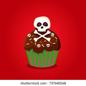 Cute happy halloween cupcake with skull and cross bones isolated on red background. Vector illustration, icon, clip art.