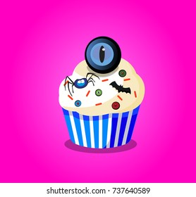Cute happy halloween cupcake with spider, monster eyes and bat  isolated on purple background. Vector illustration, icon, clip art.