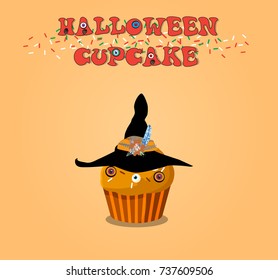 Cute happy halloween cupcake with witch hat and monster eyes  on orange background. Vector illustration, clip art.