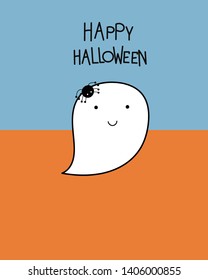 Cute happy Halloween day with white ghost and spider with text background